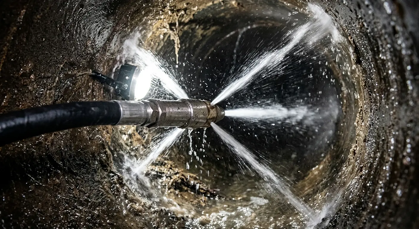 High-pressure hydro jetting nozzle cleaning sewer pipe for Trenchless Sewer Repair in Taos