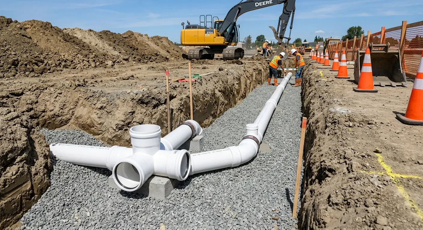 New PVC sewer pipe installation in open trench for Commercial Drain Cleaning in Taos