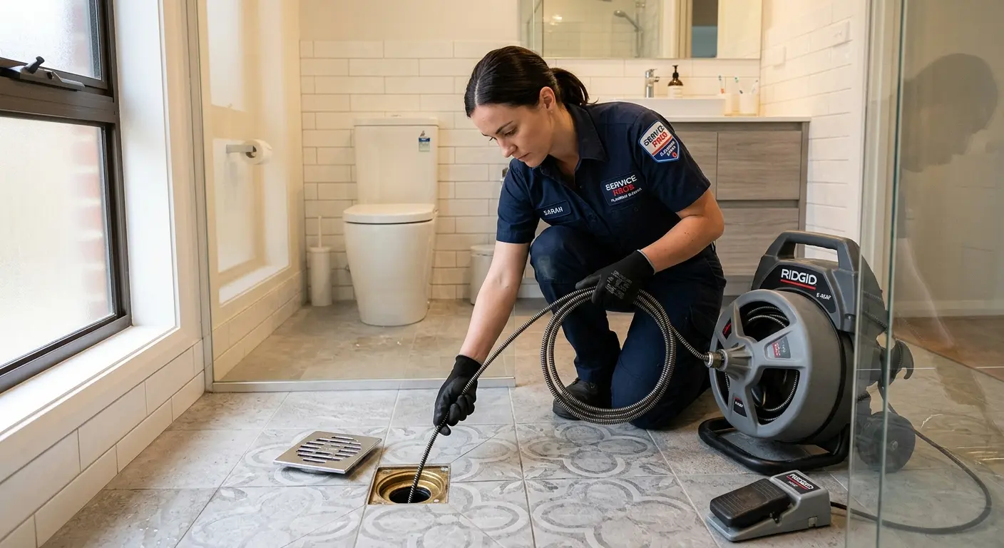 Technician clearing a bathroom floor drain for Sewer Line Installation in Taos